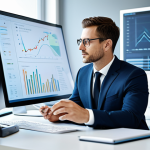 A focused professional, male or female, in a modest business suit, seated at a modern, clean desk in a bright, organized office. The subject is interacting with a sleek computer screen, with subtle, abstract digital elements of flowing data or light forming a backdrop, symbolizing AI assistance and intelligent automation. The atmosphere is one of calm efficiency and strategic thinking. Fully clothed, appropriate attire, professional dress, safe for work, appropriate content, perfect anatomy, correct proportions, natural pose, well-formed hands, proper finger count, natural body proportions, high quality studio photography.