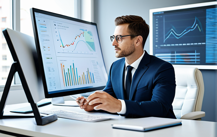 A focused professional, male or female, in a modest business suit, seated at a modern, clean desk in a bright, organized office. The subject is interacting with a sleek computer screen, with subtle, abstract digital elements of flowing data or light forming a backdrop, symbolizing AI assistance and intelligent automation. The atmosphere is one of calm efficiency and strategic thinking. Fully clothed, appropriate attire, professional dress, safe for work, appropriate content, perfect anatomy, correct proportions, natural pose, well-formed hands, proper finger count, natural body proportions, high quality studio photography.