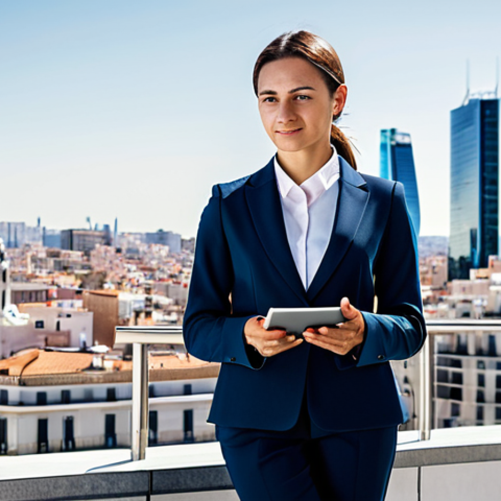 **
A professional businesswoman in a stylish, modest business suit, standing in front of the Madrid skyline during the day, fully clothed, appropriate attire, safe for work, perfect anatomy, natural proportions, professional photography, high quality. She is holding a sleek tablet, showcasing data analytics. The scene should evoke a sense of competence and confidence. Background includes iconic Spanish architecture. family-friendly.
**