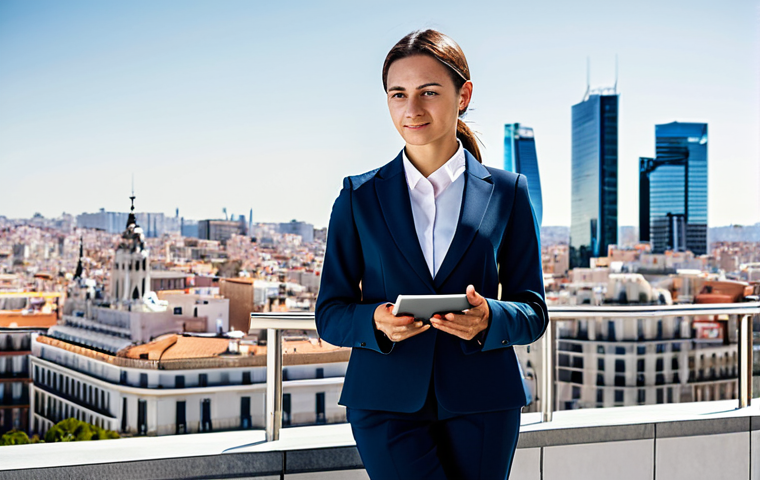 **
A professional businesswoman in a stylish, modest business suit, standing in front of the Madrid skyline during the day, fully clothed, appropriate attire, safe for work, perfect anatomy, natural proportions, professional photography, high quality. She is holding a sleek tablet, showcasing data analytics. The scene should evoke a sense of competence and confidence. Background includes iconic Spanish architecture. family-friendly.
**