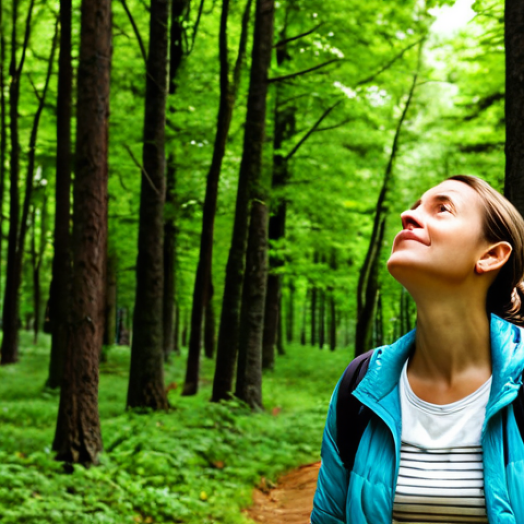 A Woman Enjoying Nature, Disconnected**
A woman with perfect anatomy, fully clothed in comfortable hiking attire (jeans, t-shirt, light jacket), standing in a beautiful forest clearing. She is looking up at the trees, a peaceful expression on her face. No phone is visible. Sunlight filters through the leaves. "Safe for work", "appropriate content", "modest", "family-friendly", "professional photography", "natural pose", "correct proportions", "well-formed hands".
**