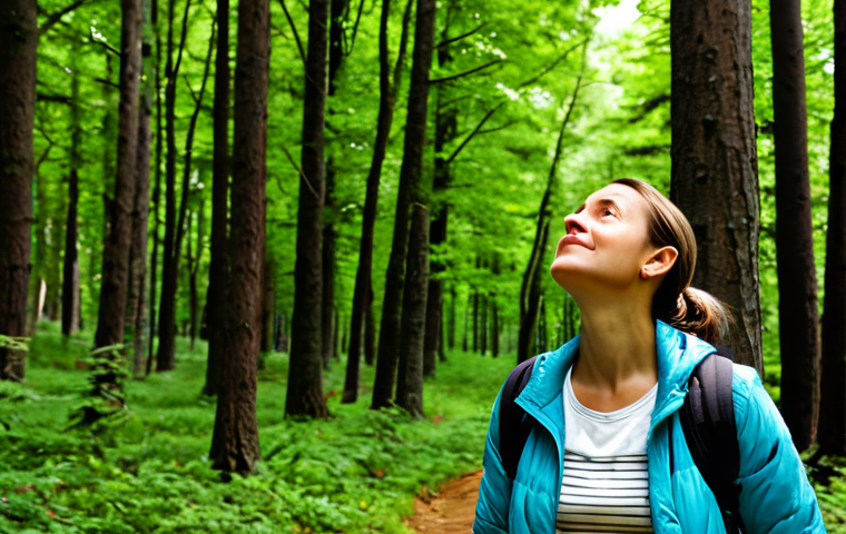 A Woman Enjoying Nature, Disconnected**
A woman with perfect anatomy, fully clothed in comfortable hiking attire (jeans, t-shirt, light jacket), standing in a beautiful forest clearing. She is looking up at the trees, a peaceful expression on her face. No phone is visible. Sunlight filters through the leaves. "Safe for work", "appropriate content", "modest", "family-friendly", "professional photography", "natural pose", "correct proportions", "well-formed hands".
**