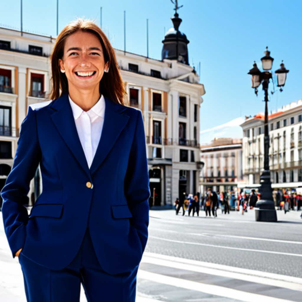 **
"A successful businesswoman in a tailored navy blue suit, standing confidently in front of the iconic Puerta del Sol in Madrid, Spain. She is smiling warmly. Fully clothed, appropriate attire, safe for work, perfect anatomy, natural proportions, professional portrait photography, daytime, sunny weather."
**