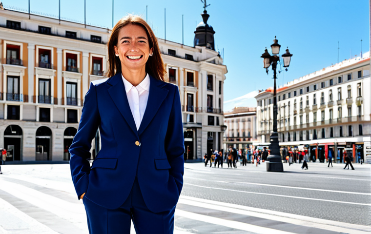 **
"A successful businesswoman in a tailored navy blue suit, standing confidently in front of the iconic Puerta del Sol in Madrid, Spain. She is smiling warmly. Fully clothed, appropriate attire, safe for work, perfect anatomy, natural proportions, professional portrait photography, daytime, sunny weather."
**