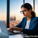 Home 19 디지털 번아웃과 관련된 최신 연구 - A young professional woman sitting at a modern office desk in Spain, wearing smart casual clothes an...