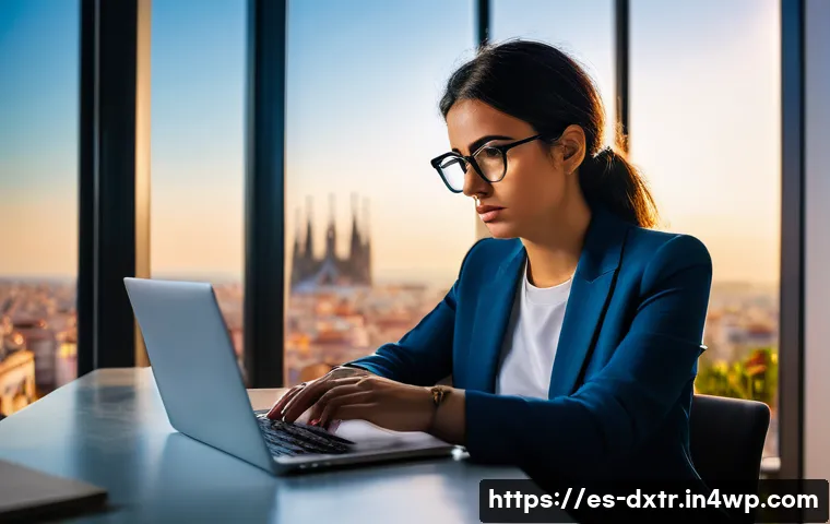 디지털 번아웃과 관련된 최신 연구 - A young professional woman sitting at a modern office desk in Spain, wearing smart casual clothes an...