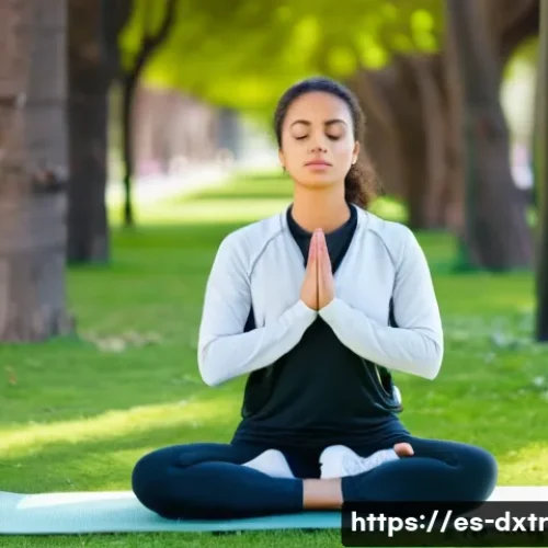 Home 30 디지털 번아웃을 극복하기 위한 자아 발견 - A serene scene of a young Hispanic woman practicing mindful breathing outdoors in a sunny urban park...