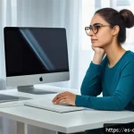 Home 23 디지털 기기 사용 후 피로 회복하기 - A modern Spanish home office scene featuring a young adult woman taking a 20-20-20 eye exercise brea...