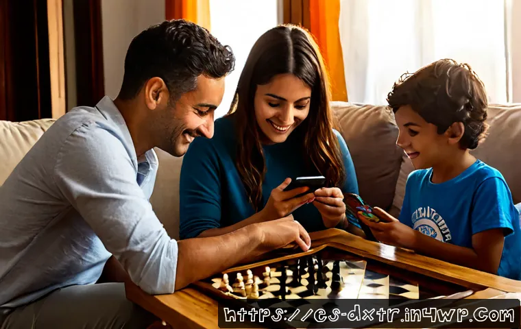 디지털 번아웃 방지를 위한 가정의 역할 - Photorealistic Spanish family in a bright Mediterranean living room creating a device-free evening r...